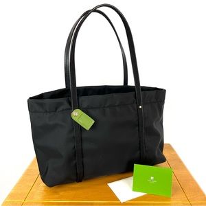 Kate Spade New York Black Nylon Tote Bag Leather Handles & Base Zipper Closure